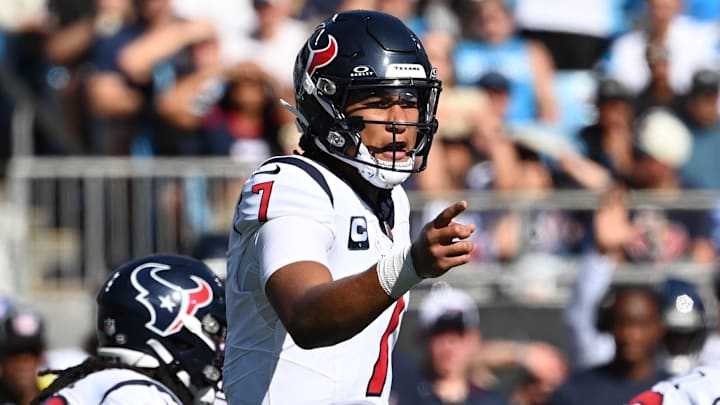 Oct 29, 2023; Charlotte, North Carolina, USA; Houston Texans quarterback C.J. Stroud (7) at the line in the third quarter at Bank of America Stadium. Mandatory Credit: Bob Donnan-Imagn Images
