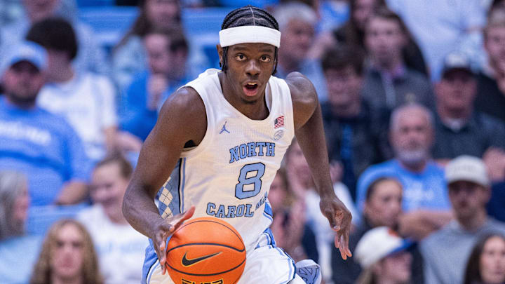 Dec 22, 2025; Chapel Hill, North Carolina, USA; North Carolina Tar Heels forward Caleb Wilson (8) brings the ball up court against the East Carolina Pirates during the second half at Dean E. Smith Center. Mandatory Credit: Scott Kinser-Imagn Images