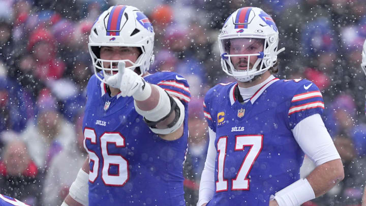 Buffalo Bills center Connor McGovern, Buffalo Bills quarterback Josh Allen and Buffalo Bills guard David Edwards get ready to line up during first half action at Highmark Stadium in Orchard Park on Dec. 7, 2025.