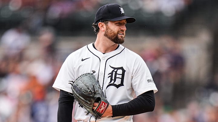 Detroit Tigers pitcher Casey Mize (12) looks on before pitching against Atlanta Braves during the fourth inning at Comerica Park in Detroit on Sunday, Sept. 21, 2025.