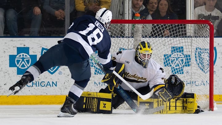 Jack Ivankovic stopped all three Penn State shootout attempts as No. 2 Michigan claimed the shootout win over No. 6 Penn State on Feb. 13, 2026. Jack Ivankovic stopped all three Penn State shootout attempts as No. 2 Michigan claimed the shootout win over No. 6 Penn State on Feb. 13, 2026.