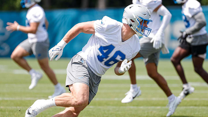 Detroit Lions linebacker Jack Campbell (46) practices during minicamp at Detroit Lions practice facility