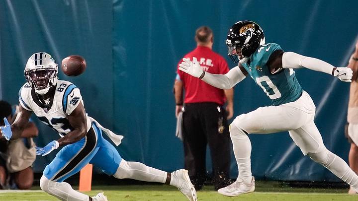 Carolina Panthers wide receiver David Moore (83) hauls in a pass under Jacksonville Jaguars cornerback Devon Marshall (40) in the second quarter at EverBank Stadium in the second preseason game on Friday night, August 21, 2026 in Jacksonville, Fla. Carolina Panthers wide receiver David Moore (83) hauls in a pass under Jacksonville Jaguars cornerback Devon Marshall (40) in the second quarter at EverBank Stadium in the second preseason game on Friday night, August 21, 2026 in Jacksonville, Fla.