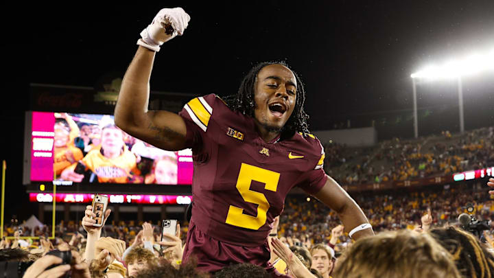 Oct 5, 2024; Minneapolis, Minnesota, USA; Minnesota Golden Gophers wide receiver T.J. McWilliams (5) celebrates his teams win after the game against the USC Trojans at Huntington Bank Stadium. Oct 5, 2024; Minneapolis, Minnesota, USA; Minnesota Golden Gophers wide receiver T.J. McWilliams (5) celebrates his teams win after the game against the USC Trojans at Huntington Bank Stadium.
