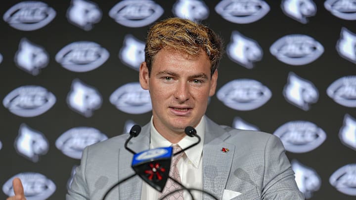 Jul 23, 2025; Charlotte, NC, USA; Louisville quarterback Miller Moss answers questions from the media during ACC Media days at Hilton Charlotte Uptown. Mandatory Credit: Jim Dedmon-Imagn Images