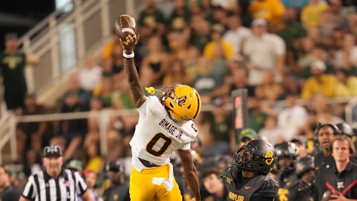 Sep 20, 2025; Waco, Texas, USA; Arizona State Sun Devils defensive back Rodney Bimage Jr. (0) deflects a pass that was intended for Baylor Bears wide receiver Louis Brown IV (4) during the second half at McLane Stadium. Mandatory Credit: Chris Jones-Imagn Images