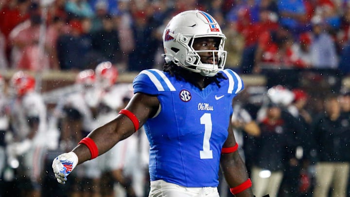 Mississippi Rebels defensive lineman Princely Umanmielen reacts during the second half against the Georgia Bulldogs. Mississippi Rebels defensive lineman Princely Umanmielen reacts during the second half against the Georgia Bulldogs.