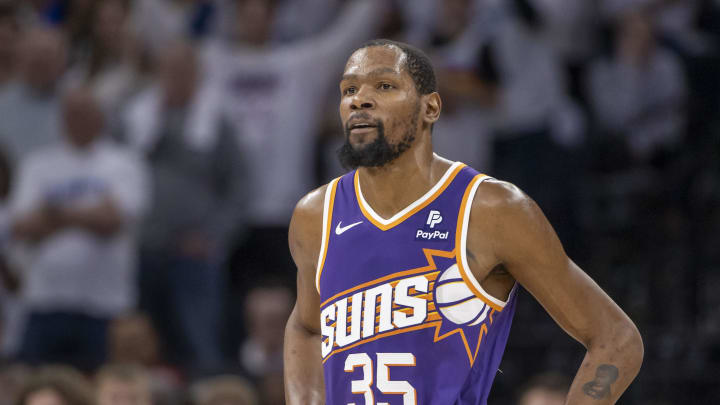 Apr 20, 2024; Minneapolis, Minnesota, USA; Phoenix Suns forward Kevin Durant (35) looks on against the Minnesota Timberwolves in the second half during game one of the first round for the 2024 NBA playoffs at Target Center. Mandatory Credit: Jesse Johnson-USA TODAY Sports