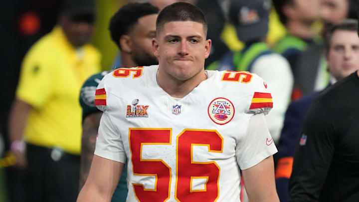 Feb 9, 2025; New Orleans, LA, USA; Kansas City Chiefs defensive end George Karlaftis (56) reacts after the losing to the Philadelphia Eagles in Super Bowl LIX at Caesars Superdome. Mandatory Credit: Kirby Lee-Imagn Images