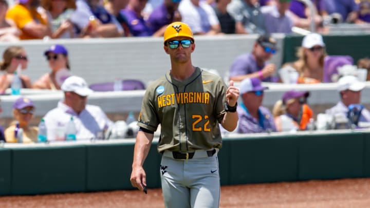 West Virginia Head Coach Steve Sabins as The LSU Tigers take on the West Virginia Mountaineers in game 1 of the 2025 NCAA Div 1 Super Regional Baseball Championship at Alex Box Stadium in Baton Rouge, LA. Saturday, June 7, 2025. West Virginia Head Coach Steve Sabins as The LSU Tigers take on the West Virginia Mountaineers in game 1 of the 2025 NCAA Div 1 Super Regional Baseball Championship at Alex Box Stadium in Baton Rouge, LA. Saturday, June 7, 2025.
