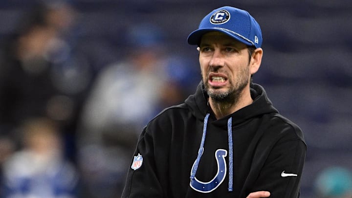 Jan 5, 2025; Indianapolis, Indiana, USA; Indianapolis Colts head coach Shane Steichen reacts during warmups before the game against the Jacksonville Jaguars at Lucas Oil Stadium. 