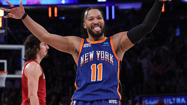 Jan 27, 2024; New York, New York, USA; New York Knicks guard Jalen Brunson (11) reacts after making a three point basket during the second half against the Miami Heat at Madison Square Garden. Mandatory Credit: Vincent Carchietta-Imagn Images
