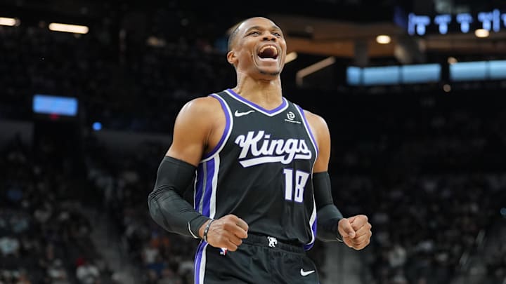 Nov 16, 2025; San Antonio, Texas, USA; Sacramento Kings guard Russell Westbrook (18) runs onto the court before the game against the San Antonio Spurs at Frost Bank Center. Mandatory Credit: Daniel Dunn-Imagn Images