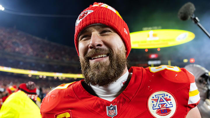 Jan 26, 2025; Kansas City, MO, USA; Kansas City Chiefs tight end Travis Kelce (87) celebrates after defeating the Buffalo Bills during the AFC Championship game at GEHA Field at Arrowhead Stadium. Mandatory Credit: Mark J. Rebilas-Imagn Images Jan 26, 2025; Kansas City, MO, USA; Kansas City Chiefs tight end Travis Kelce (87) celebrates after defeating the Buffalo Bills during the AFC Championship game at GEHA Field at Arrowhead Stadium. Mandatory Credit: Mark J. Rebilas-Imagn Images