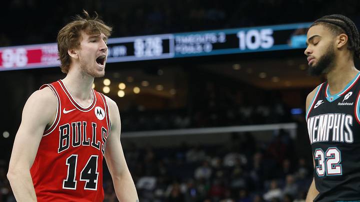 Mar 28, 2026; Memphis, Tennessee, USA; Chicago Bulls forward Matas Buzelis (14) reacts during the fourth quarter against the Memphis Grizzlies at FedExForum. Mandatory Credit: Petre Thomas-Imagn Images