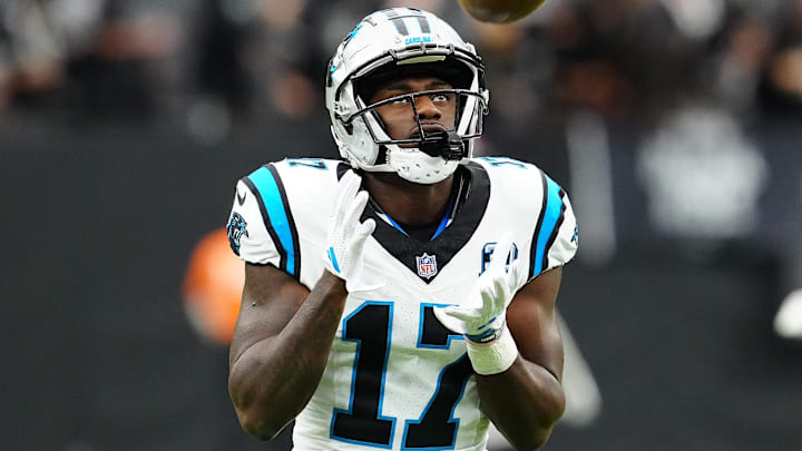 Sep 22, 2024; Paradise, Nevada, USA; Carolina Panthers wide receiver Xavier Legette (17) warms up before a game against the Las Vegas Raiders at Allegiant Stadium. Mandatory Credit: Stephen R. Sylvanie-Imagn Images