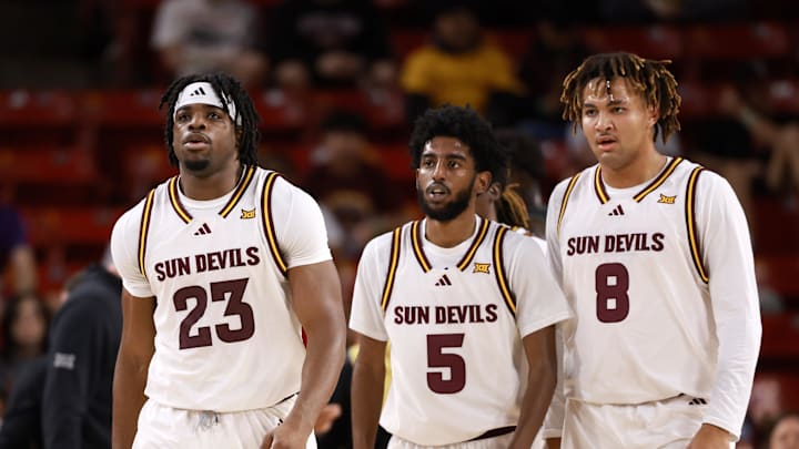 Jan 3, 2026; Tempe, Arizona, USA; Arizona State Sun Devils forward Allen Mukeba (23), guard Maurice Odum (5) and forward Marcus Adams Jr. (8) against the Colorado Buffaloes at Desert Financial Arena. Mandatory Credit: Mark J. Rebilas-Imagn Images