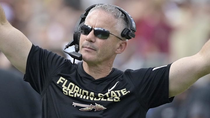 Oct 11, 2025; Tallahassee, Florida, USA; Florida State Seminoles head coach Mike Norvell during the second half against the Pittsburgh Panthers at Doak S. Campbell Stadium. Mandatory Credit: Melina Myers-Imagn Images