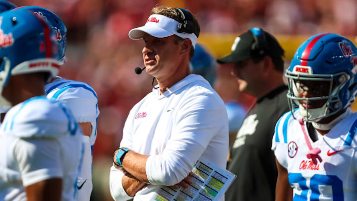 Ole Miss Rebels coach Lane Kiffin directs his team against the South Carolina Gamecocks in the first quarter at Williams-Brice Stadium.
