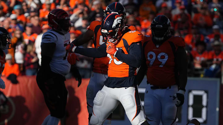 Dec 19, 2021; Denver, Colorado, USA; Denver Broncos outside linebacker Bradley Chubb (55) celebrates a tackle in the first quarter against the Cincinnati Bengals at Empower Field at Mile High Mandatory Credit: Ron Chenoy-Imagn Images Dec 19, 2021; Denver, Colorado, USA; Denver Broncos outside linebacker Bradley Chubb (55) celebrates a tackle in the first quarter against the Cincinnati Bengals at Empower Field at Mile High Mandatory Credit: Ron Chenoy-Imagn Images