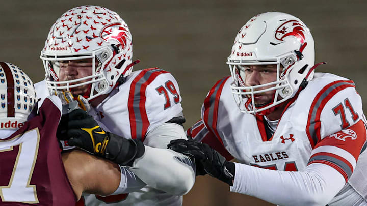 Five-star offensive tackle Jackson Cantwell (79), a Miami Hurricanes commit, and guard Hayden Mays (71) are to of the senior leaders along Nixa's vaunted offensive line.