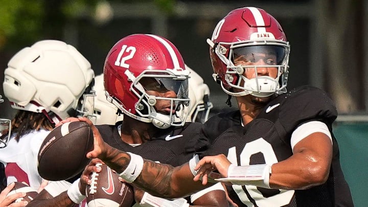 Aug. 19, 2025, Tuscaloosa, AL; Quarterbacks Austin Mack (10), Keelon Russell (12), and Ty Simpson (15) throw during practice for the Alabama Crimson Tide.