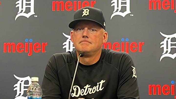 Detroit Tigers manager A.J. Hinch talks to reporters before a game against the Texas Rangers on May 3, 2026, at Comerica Park in Detroit, Michigan.