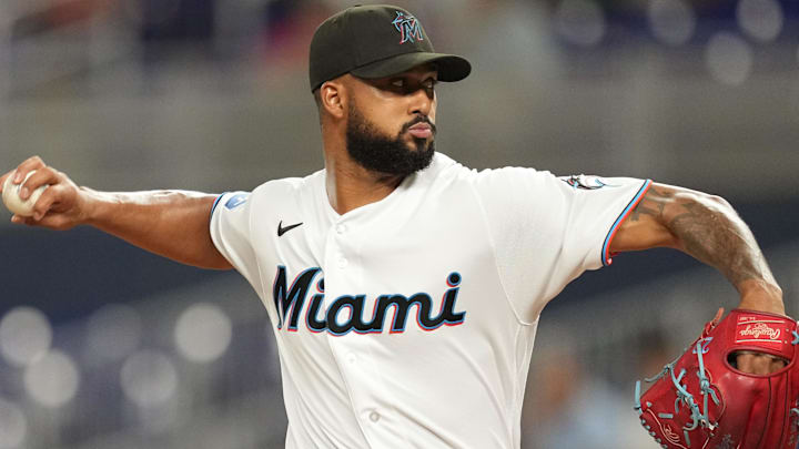 Aug 29, 2023; Miami, Florida, USA;  Miami Marlins starting pitcher Sandy Alcantara (22) pitches against the Tampa Bay Rays in the first inning at loanDepot Park. Mandatory Credit: Jim Rassol-Imagn Images
