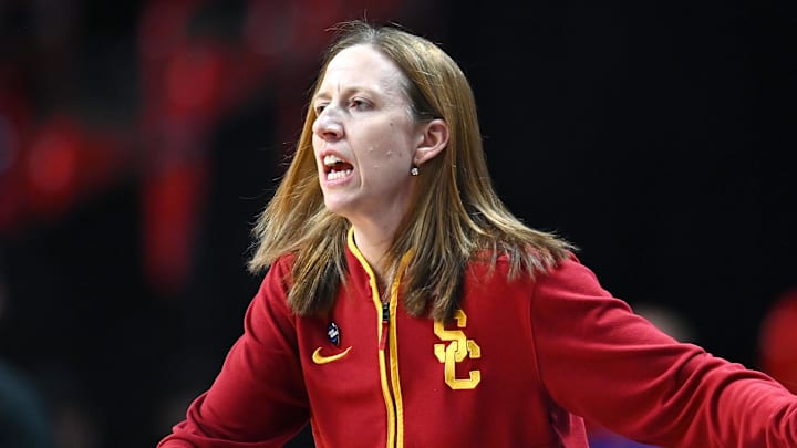 Mar 31, 2025; Spokane, WA, USA; USC Trojans head coach Lindsay Gottlieb reacts after a play against the UConn Huskies during the first half of an Elite 8 NCAA Tournament game at Spokane Arena. Mandatory Credit: James Snook-Imagn Images