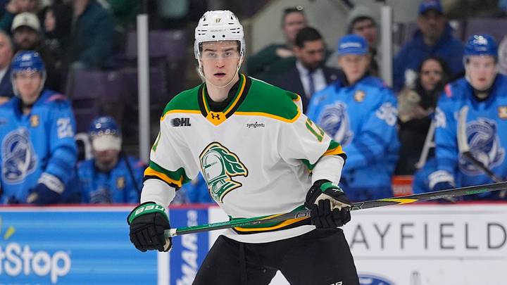 BRAMPTON, CANADA - FEBRUARY 28: Maksim Sokolovskii #17 of the London Knights skates against the Brampton Steelheads at the CAA Centre on February 28, 2026 in Brampton, Canada. (Photo by John E. Sokolowski/Getty Images)