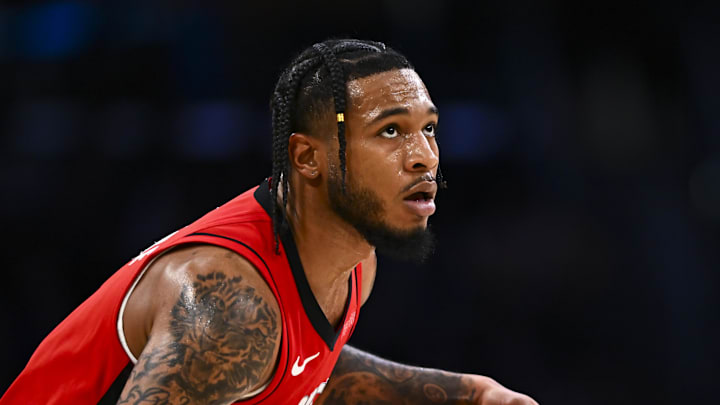 Apr 11, 2025; Los Angeles, California, USA; Houston Rockets forward Cam Whitmore (7) looks to shoot against the Los Angeles Lakers during the second half at Crypto.com Arena. Mandatory Credit: Jonathan Hui-Imagn Images