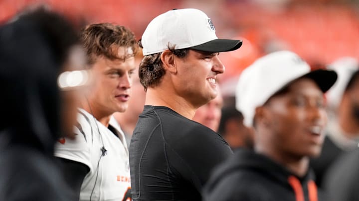Cincinnati Bengals defensive end Trey Hendrickson (91) smiles on the sideline in the fourth quarter of the NFL Preseason Week 2 game between the Washington Commanders and the Cincinnati Bengals at Northwest Stadium in Landover, Md., on Monday, Aug. 18, 2025. The Bengals won the game, 31-17.