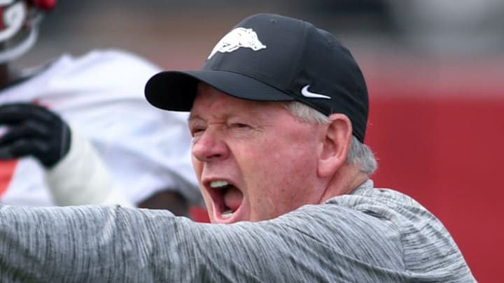 Arkansas Razorbacks offensive coordinator Bobby Petrino during preseason practices on the outdoor fields in Fayetteville, Ark.