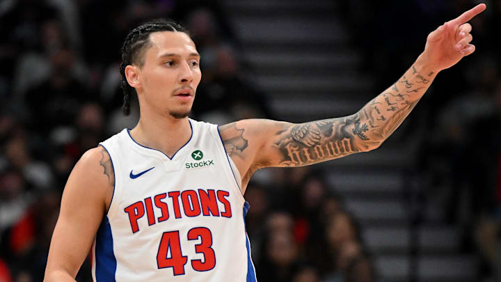 Former Detroit Pistons guard Lindy Waters III (43) reacts after making a three-point basket against the Toronto Raptors in the first half at Scotiabank Arena.