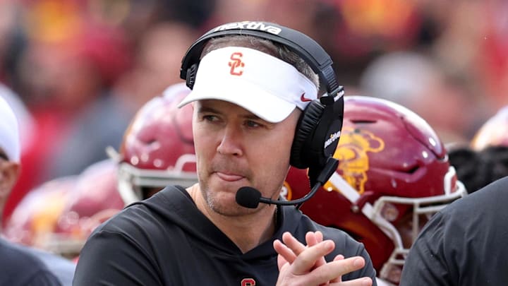 Nov 18, 2023; Los Angeles, California, USA; USC Trojans head coach Lincoln Riley during the first quarter at United Airlines Field at Los Angeles Memorial Coliseum. Mandatory Credit: Jason Parkhurst-Imagn Images