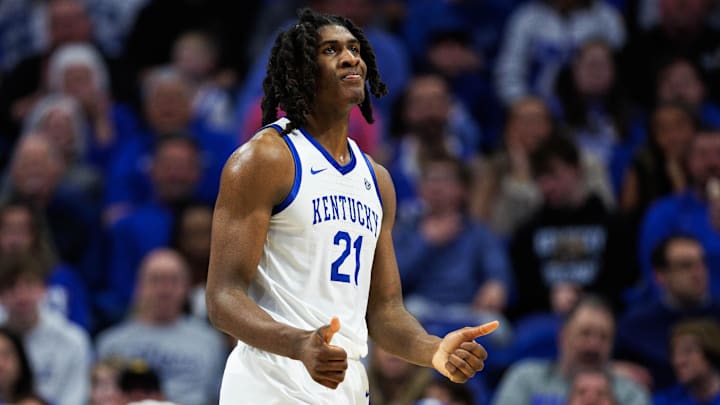 Jan 7, 2026; Lexington, Kentucky, USA; Kentucky Wildcats forward Jayden Quaintance (21) reacts during the second half against the Missouri Tigers at Rupp Arena at Central Bank Center. Mandatory Credit: Jordan Prather-Imagn Images Jan 7, 2026; Lexington, Kentucky, USA; Kentucky Wildcats forward Jayden Quaintance (21) reacts during the second half against the Missouri Tigers at Rupp Arena at Central Bank Center. Mandatory Credit: Jordan Prather-Imagn Images