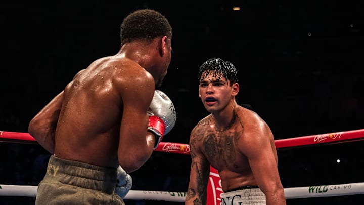 Ryan Garcia wore a custom Giorgio Armani outfit into the ring against Devin Haney in 2024.