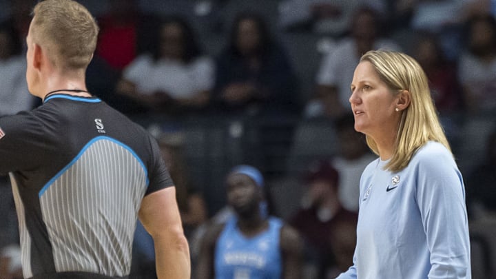Mar 28, 2025; Birmingham, AL, USA; North Carolina Tar Heels head coach Courtney Banghart talks with a referee during the Sweet 16 NCAA Tournament basketball game against the Duke Blue Devils at Legacy Arena. Mandatory Credit: Vasha Hunt-Imagn Images Mar 28, 2025; Birmingham, AL, USA; North Carolina Tar Heels head coach Courtney Banghart talks with a referee during the Sweet 16 NCAA Tournament basketball game against the Duke Blue Devils at Legacy Arena. Mandatory Credit: Vasha Hunt-Imagn Images