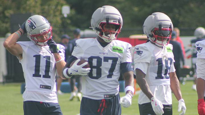 New England Patriots wide receiver Romeo Doubs goes through drills ahed of the team's Week 2 matchup. New England Patriots wide receiver Romeo Doubs goes through drills ahed of the team's Week 2 matchup.