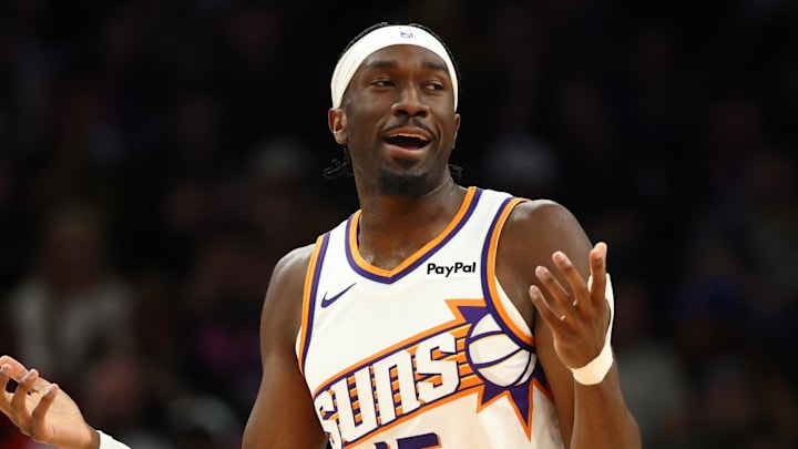 Feb 5, 2026; Phoenix, Arizona, USA; Phoenix Suns center Mark Williams (15) reacts against the Golden State Warriors in the first half at Mortgage Matchup Center. Mandatory Credit: Mark J. Rebilas-Imagn Images