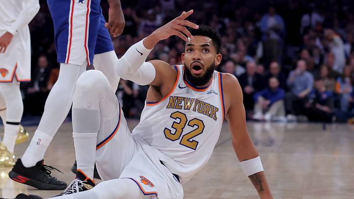 Oct 20, 2026; New York, New York, USA; New York Knicks center Karl-Anthony Towns (32) reacts after being called for a foul during the first quarter against the Philadelphia 76ers at Madison Square Garden. Mandatory Credit: Brad Penner-Imagn Images Oct 20, 2026; New York, New York, USA; New York Knicks center Karl-Anthony Towns (32) reacts after being called for a foul during the first quarter against the Philadelphia 76ers at Madison Square Garden. Mandatory Credit: Brad Penner-Imagn Images
