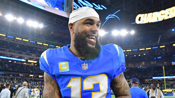 Dec 8, 2025; Inglewood, California, USA; Los Angeles Chargers wide receiver Keenan Allen (13) celebrates after defeating the Philadelphia Eagles at SoFi Stadium. Mandatory Credit: Gary A. Vasquez-Imagn Images