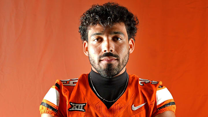 Oklahoma State kicker Gabe Panikowski poses for a photograph during the Oklahoma State Cowboys football media days in Gallagher-Iba Arena in Stillwater, Oklahoma, Saturday, Aug., 2, 2025.