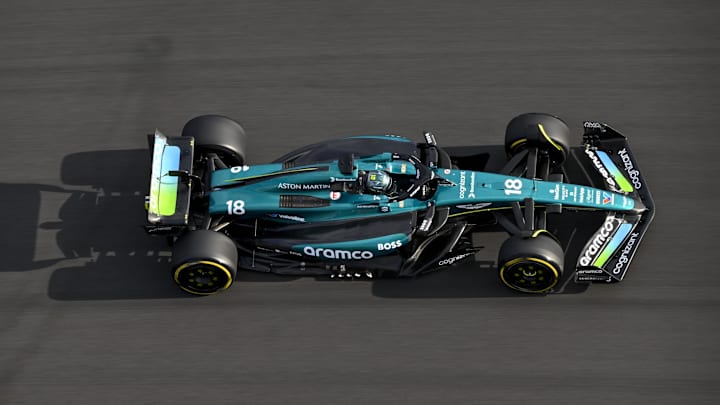 Oct 18, 2024; Austin, Texas, USA; Aston Martin Aramco F1 Team driver Lance Stroll (18) of Team Canada drives during qualifying for the Sprint Race before the 2024 US Grand Prix at Circuit of the Americas. Mandatory Credit: Jerome Miron-Imagn Images