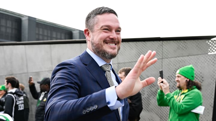 Dec 20, 2025; Eugene, OR, USA;  Oregon Ducks head coach Dan Lanning looks on before the game against the James Madison Dukes at Autzen Stadium. Mandatory Credit: Troy Wayrynen-Imagn Images