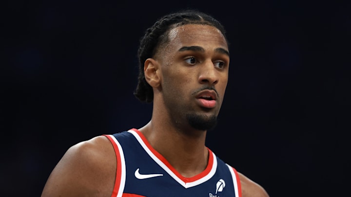 Jan 11, 2026; Phoenix, Arizona, USA; Washington Wizards center Alex Sarr (20) against the Phoenix Suns at Mortgage Matchup Center. Mandatory Credit: Mark J. Rebilas-Imagn Images