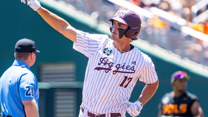 Jun 23, 2024; Omaha, NE, USA; Texas A&M Aggies right fielder Jace Laviolette (17) celebrates after hitting a home run against the Tennessee Volunteers during the first inning at Charles Schwab Field Omaha. Mandatory Credit: Dylan Widger-Imagn Images Jun 23, 2024; Omaha, NE, USA; Texas A&M Aggies right fielder Jace Laviolette (17) celebrates after hitting a home run against the Tennessee Volunteers during the first inning at Charles Schwab Field Omaha. Mandatory Credit: Dylan Widger-Imagn Images