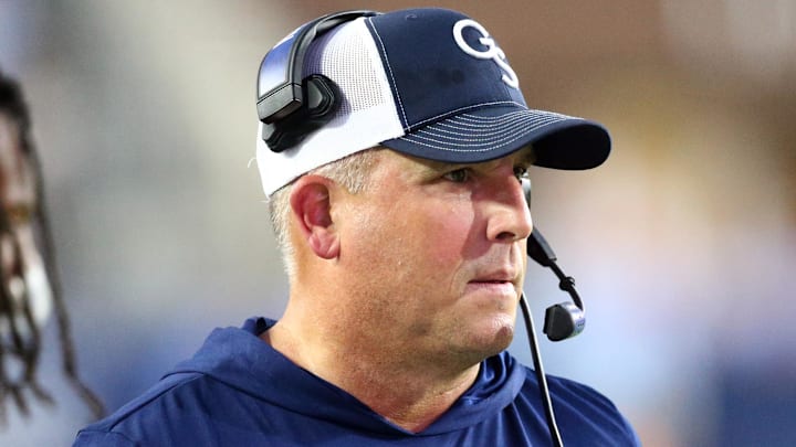 Sep 21, 2024; Oxford, Mississippi, USA; Georgia Southern Eagles head coach Clay Helton watches from the sideline during the first half against the Mississippi Rebels at Vaught-Hemingway Stadium. Mandatory Credit: Petre Thomas-Imagn Images