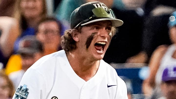 Jun 19, 2023; Omaha, NE, USA; Wake Forest Demon Deacons first baseman Nick Kurtz (8) celebrates after defeating the LSU Tigers at Charles Schwab Field Omaha Jun 19, 2023; Omaha, NE, USA; Wake Forest Demon Deacons first baseman Nick Kurtz (8) celebrates after defeating the LSU Tigers at Charles Schwab Field Omaha