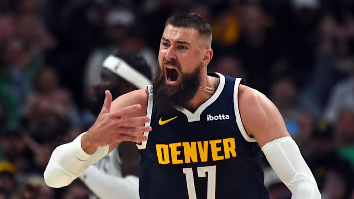 Feb 25, 2026; Denver, Colorado, USA; Denver Nuggets center Jonas Valanciunas (17) reacts after he thought he was fouled during the second half against the Boston Celtics at Ball Arena. Feb 25, 2026; Denver, Colorado, USA; Denver Nuggets center Jonas Valanciunas (17) reacts after he thought he was fouled during the second half against the Boston Celtics at Ball Arena.